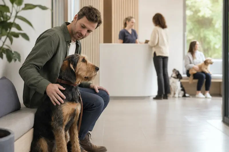 Ein Welsh Hound sitzt ruhig neben seinem Besitzer im hellen Wartezimmer einer modernen Tierarztpraxis.